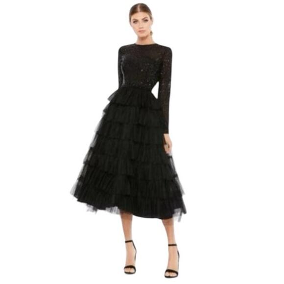 Mac Duggal Size 16 NEW  Black Long Sleeve Ruffle Tiered Midi Dress Style 26299 - Picture 1 of 11